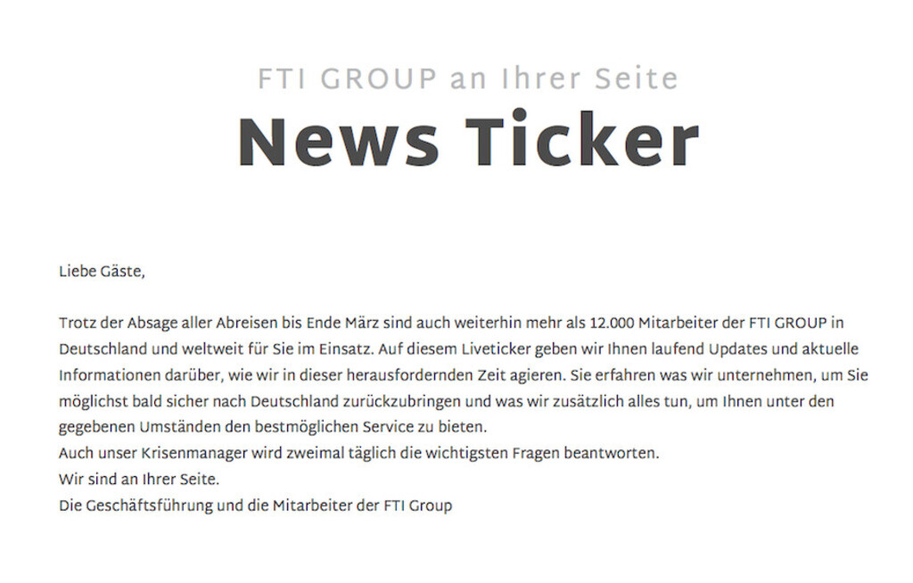 FTI startet News Ticker zum Virus