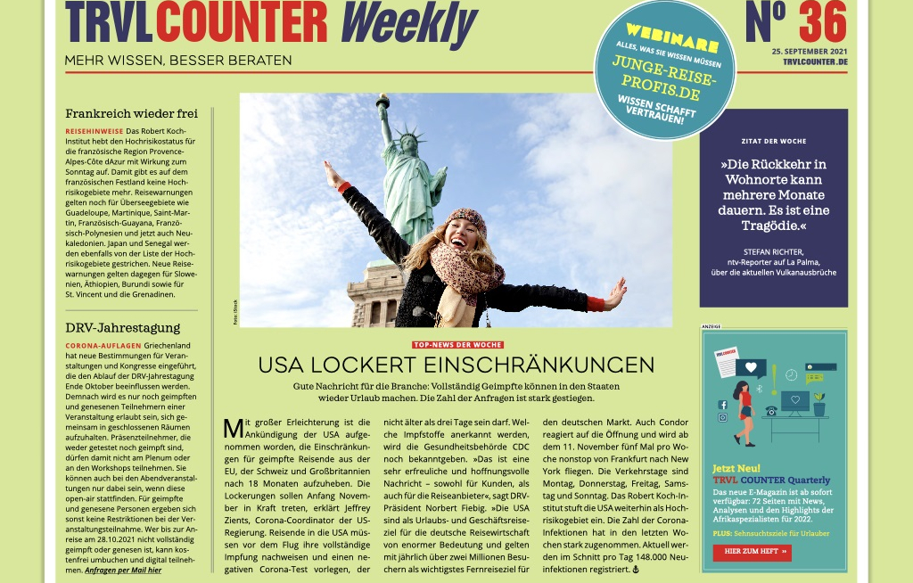 TRVL Counter WEEKLY Nr. 36 vom 25. September 2021