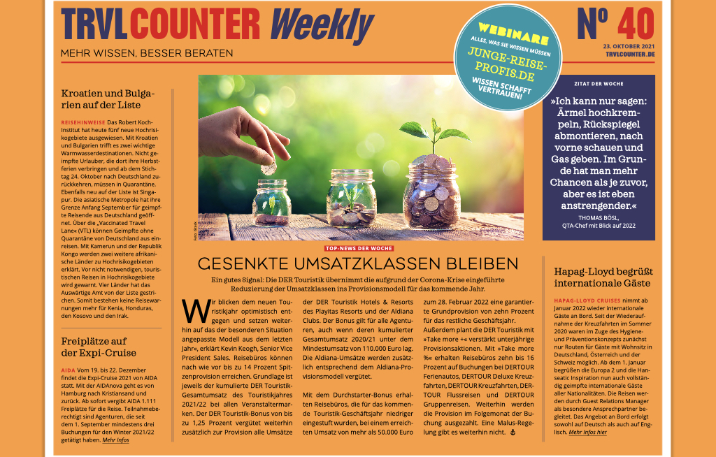 TRVL Counter WEEKLY Nr. 40 vom 23. Oktober 2021